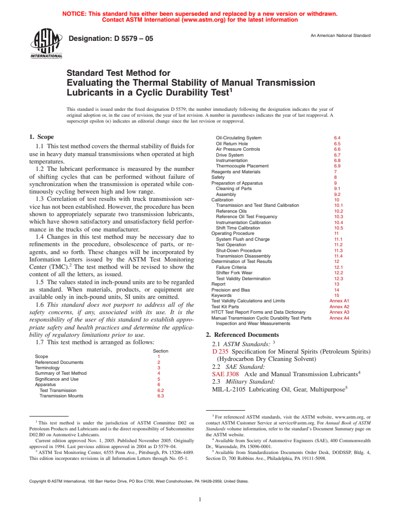 ASTM D5579-05 - Standard Test Method for Evaluating the Thermal Stability of Manual Transmission Lubricants in a Cyclic Durability Test
