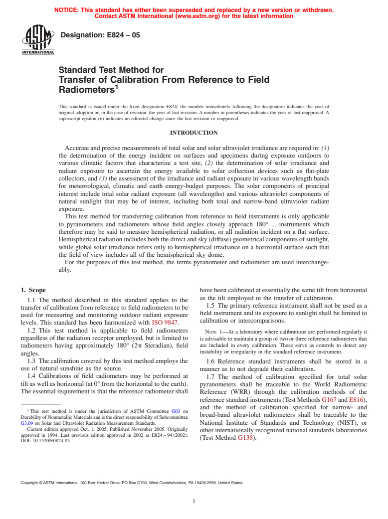 ASTM E824-05 - Standard Test Method for Transfer of Calibration From Reference to Field Radiometers