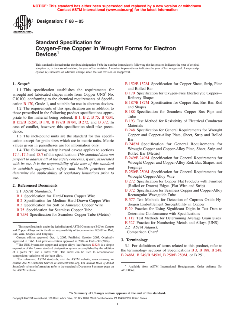 ASTM F68-05 - Standard Specification for Oxygen-Free Copper in Wrought Forms for Electron Devices