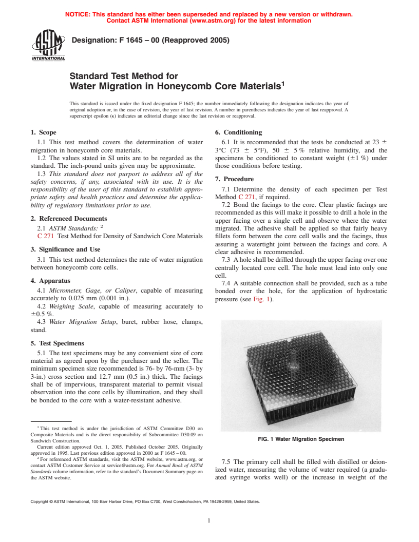 ASTM F1645-00(2005) - Standard Test Method for Water Migration in Honeycomb Core Materials