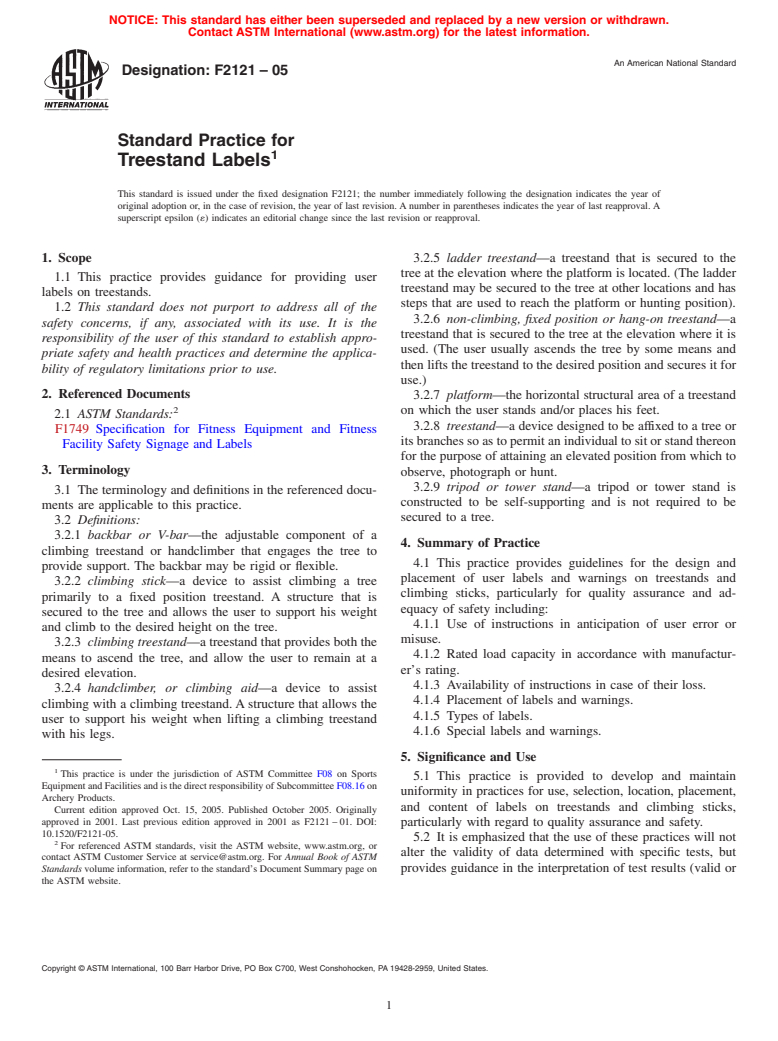 ASTM F2121-05 - Standard Practice for Treestand Labels