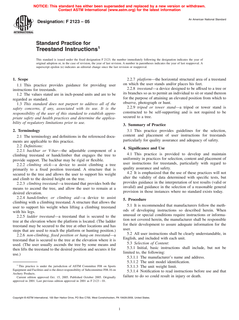 ASTM F2123-05 - Standard Practice for Treestand Instructions