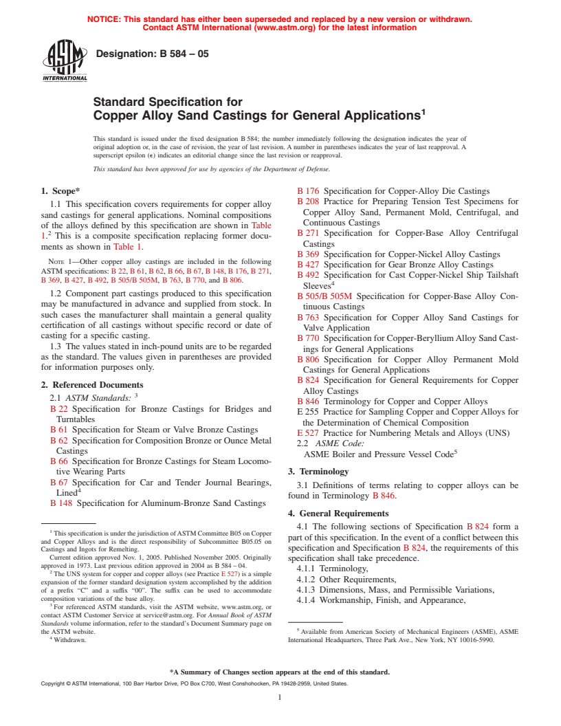 ASTM B584-05 - Standard Specification for Copper Alloy Sand Castings for General Applications