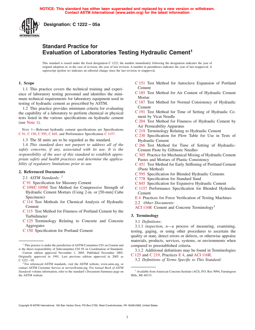 ASTM C1222-05a - Standard Practice for Evaluation of Laboratories Testing Hydraulic Cement