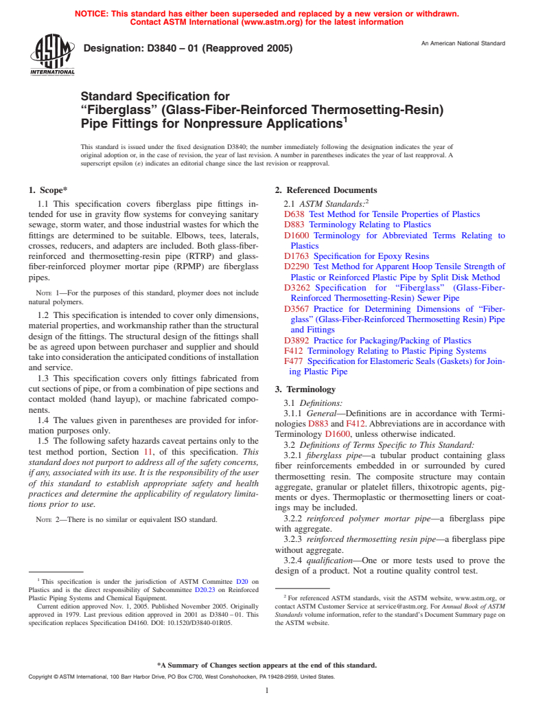 ASTM D3840-01(2005) - Standard Specification for "Fiberglass" (Glass-Fiber-Reinforced Thermosetting-Resin) Pipe Fittings for Nonpressure Applications