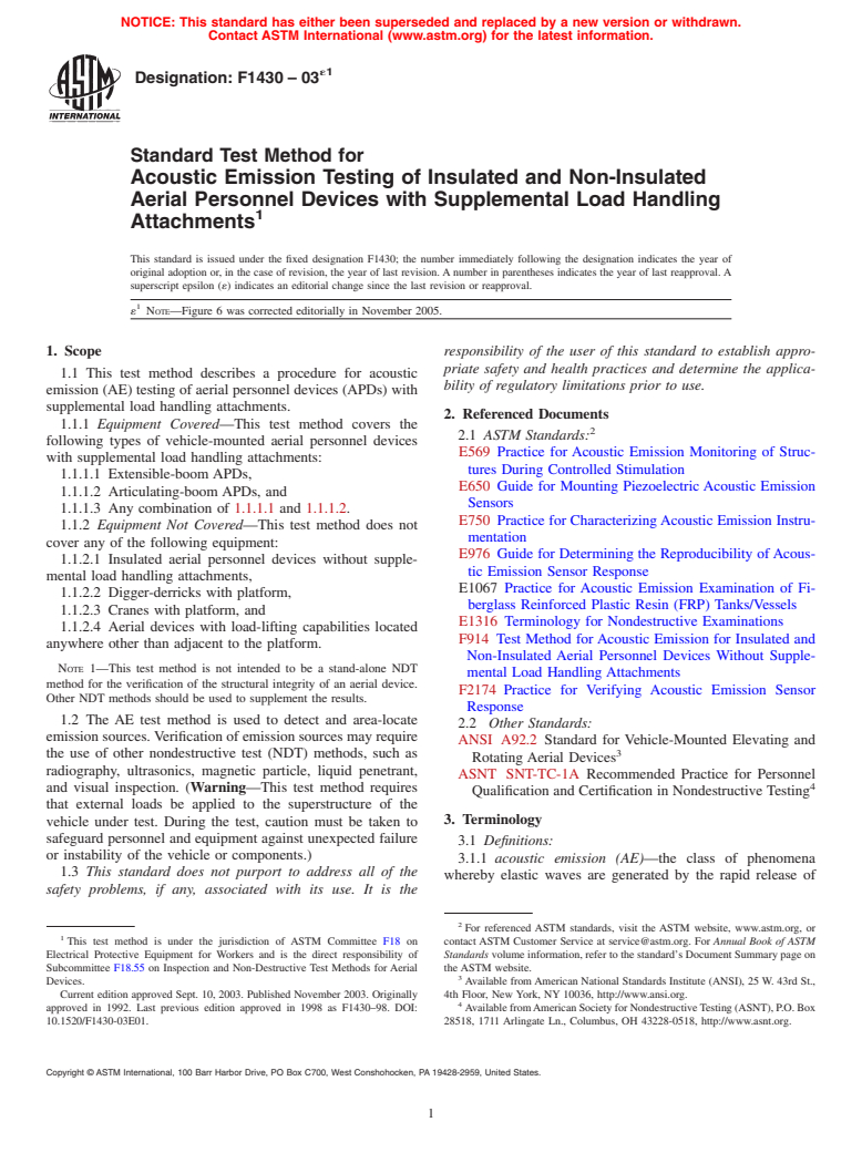 ASTM F1430-03e1 - Standard Test Method for Acoustic Emission Testing of Insulated and Non-Insulated Aerial Personnel Devices with Supplemental Load Handling Attachments