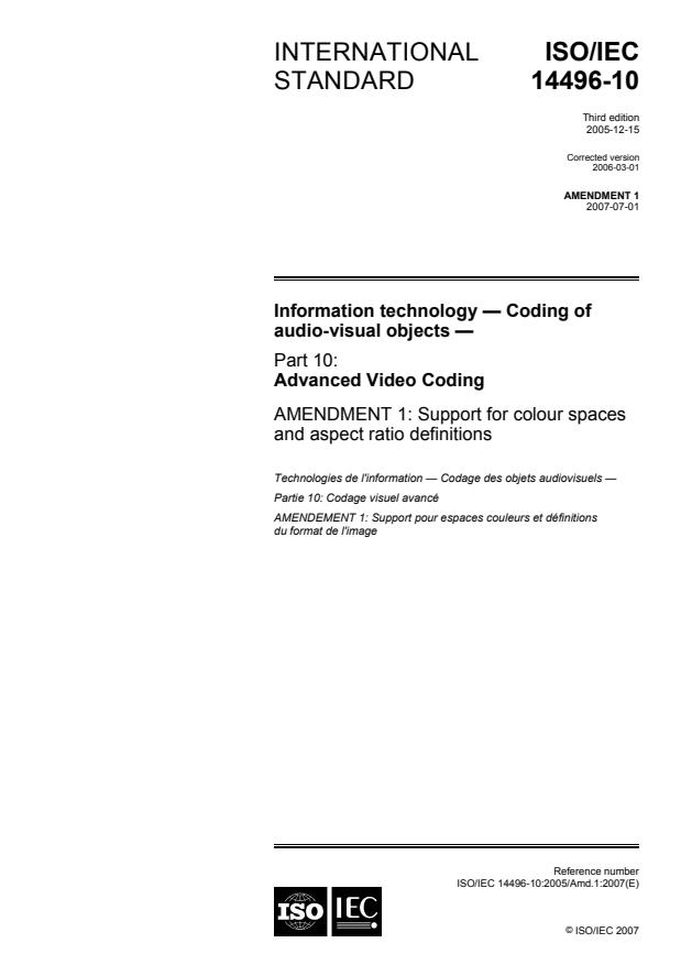 ISO/IEC 14496-10:2005/Amd 1:2007 - Support for colour spaces and aspect ratio definitions