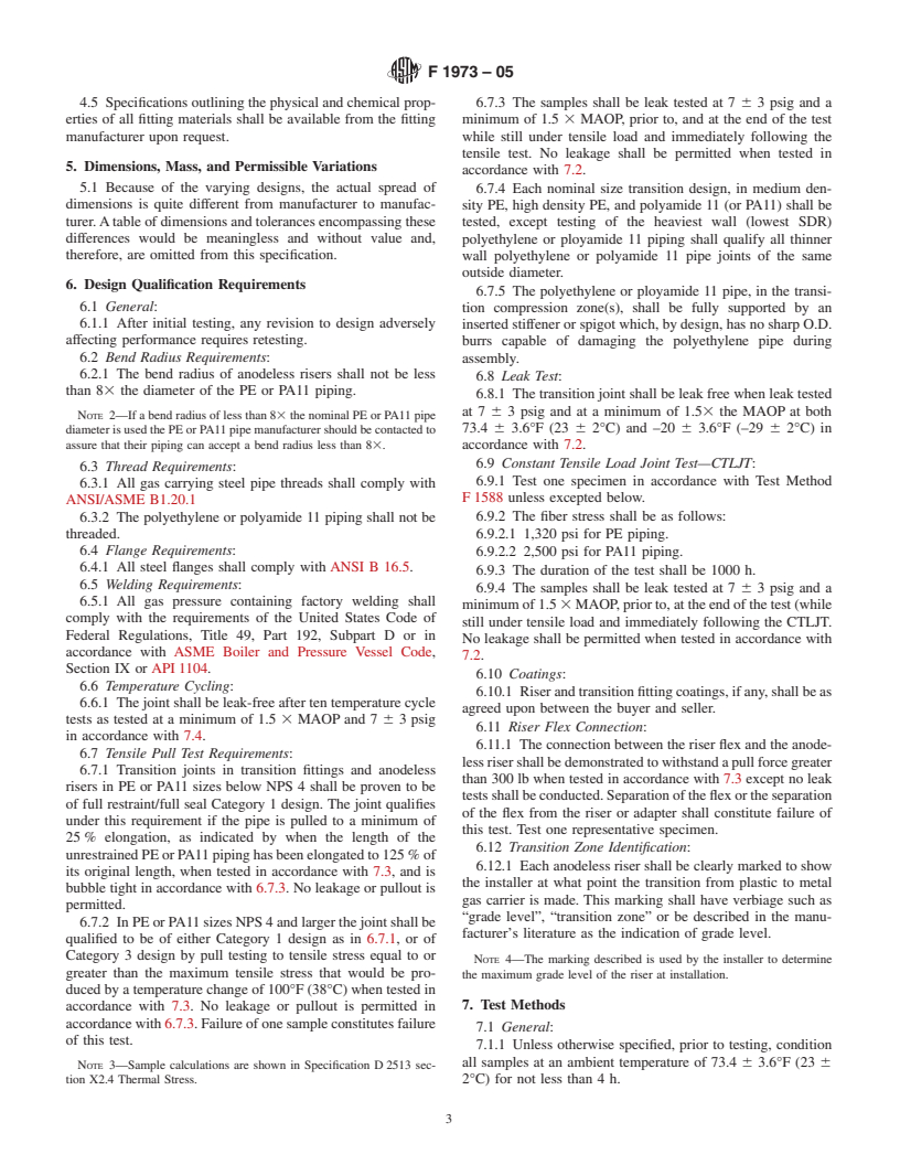 ASTM F1973-05 - Standard Specification for Factory Assembled Anodeless Risers and Transition Fittings in Polyethylene (PE) and Polyamide 11 (PA11) Fuel Gas Distribution Systems