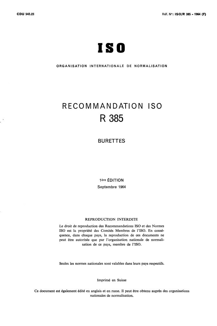 ISO/R 385:1964 - Burettes
Released:9/1/1964
