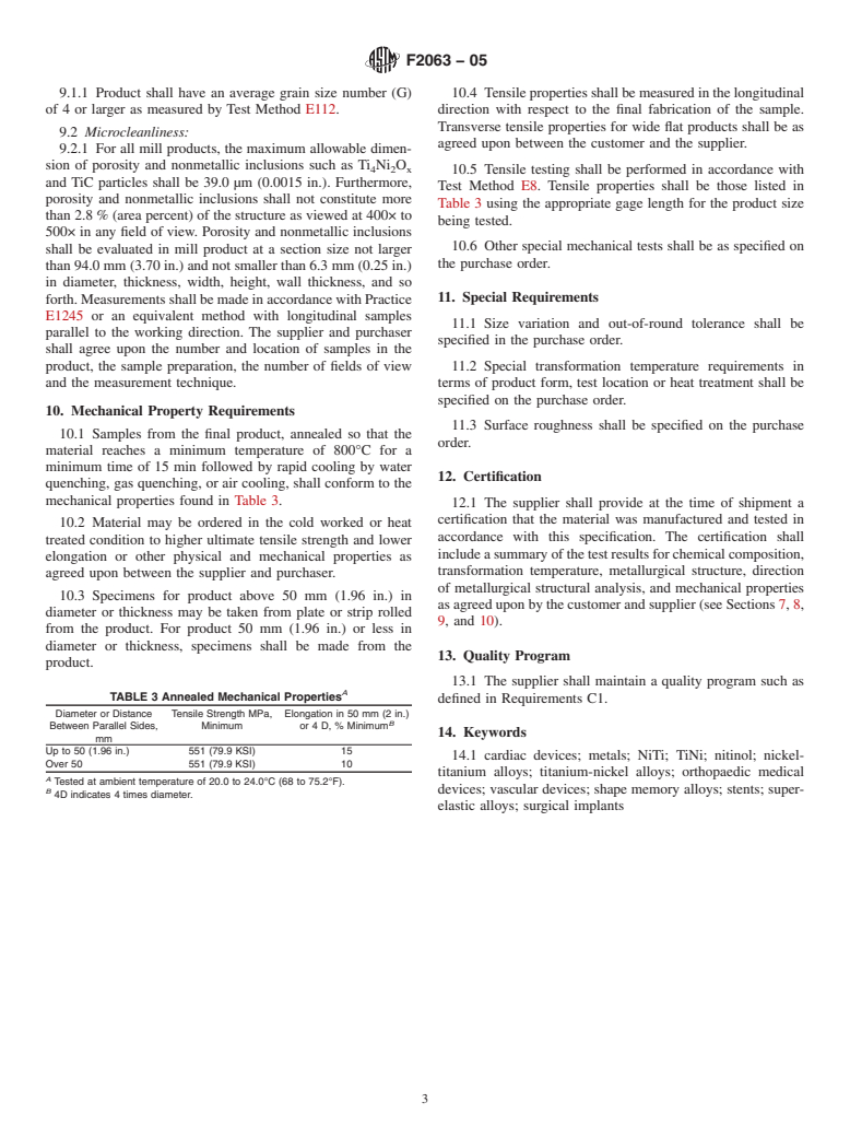 ASTM F2063-05 - Standard Specification for Wrought Nickel-Titanium Shape Memory Alloys for Medical Devices and Surgical Implants