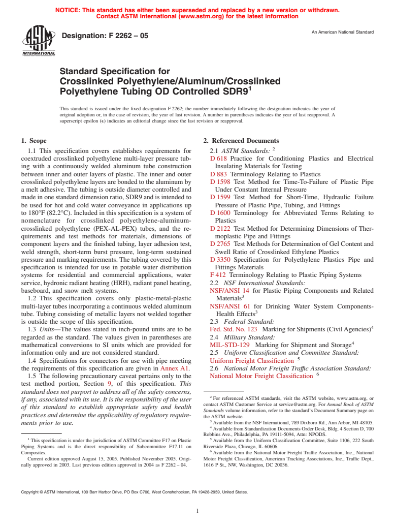ASTM F2262-05 - Standard Specification for Crosslinked Polyethylene/Aluminum/Crosslinked Polyethylene Tubing OD Controlled SDR9