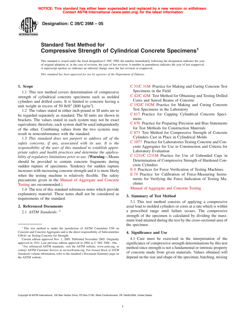 ASTM C39/C39M-05 - Standard Test Method for Compressive Strength of Cylindrical Concrete Specimens