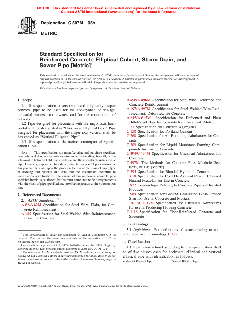 ASTM C507M-05b - Standard Specification for Reinforced Concrete Elliptical Culvert, Storm Drain, and Sewer Pipe (Metric)