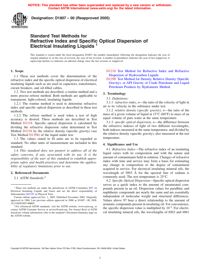 ASTM D1807-00(2005) - Standard Test Methods for Refractive Index and Specific Optical Dispersion of Electrical Insulating Liquids