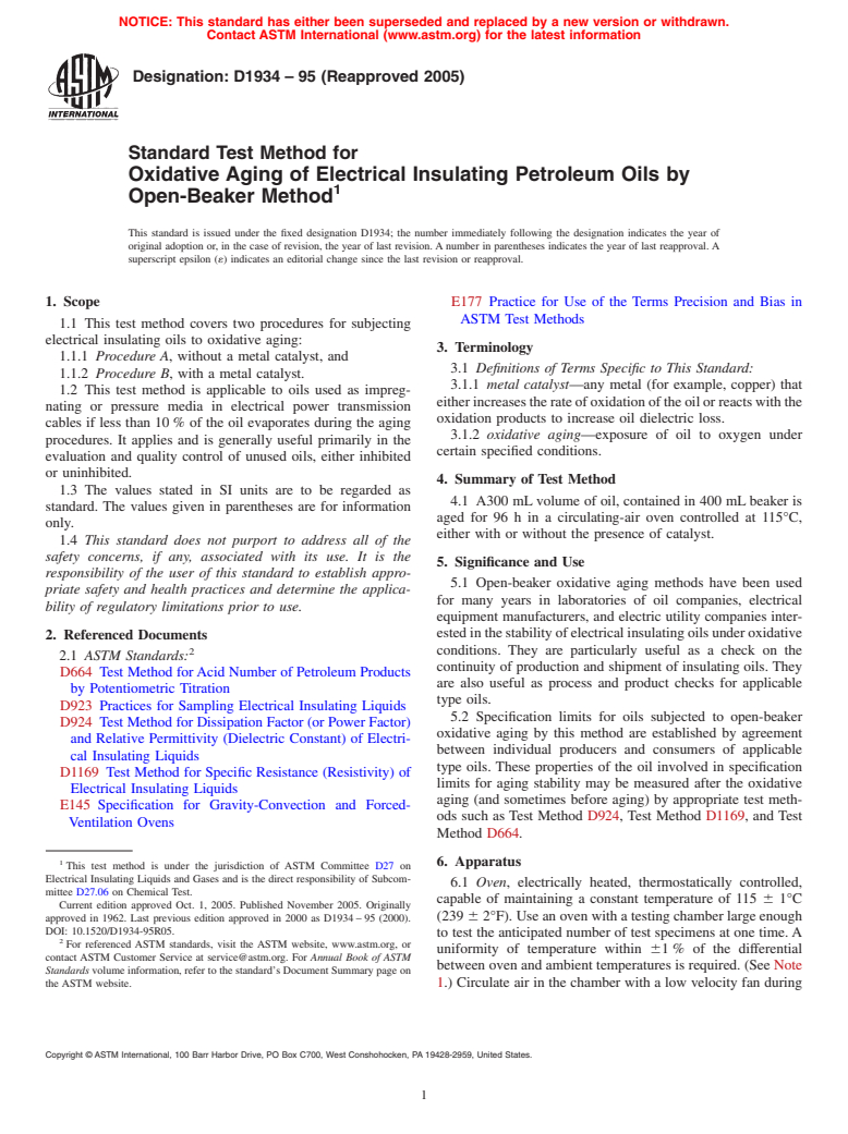 ASTM D1934-95(2005) - Standard Test Method for Oxidative Aging of Electrical Insulating Petroleum Oils by Open-Beaker Method