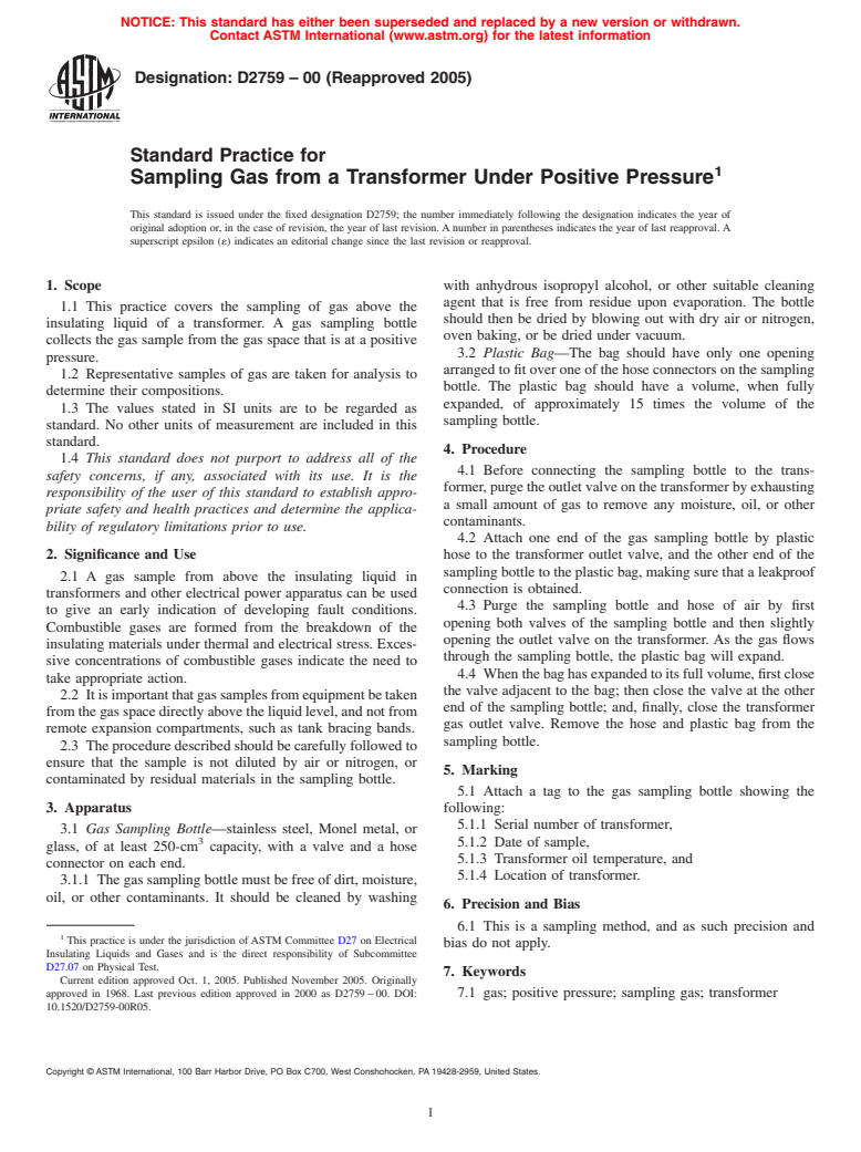 ASTM D2759-00(2005) - Standard Practice for Sampling Gas from a Transformer Under Positive Pressure