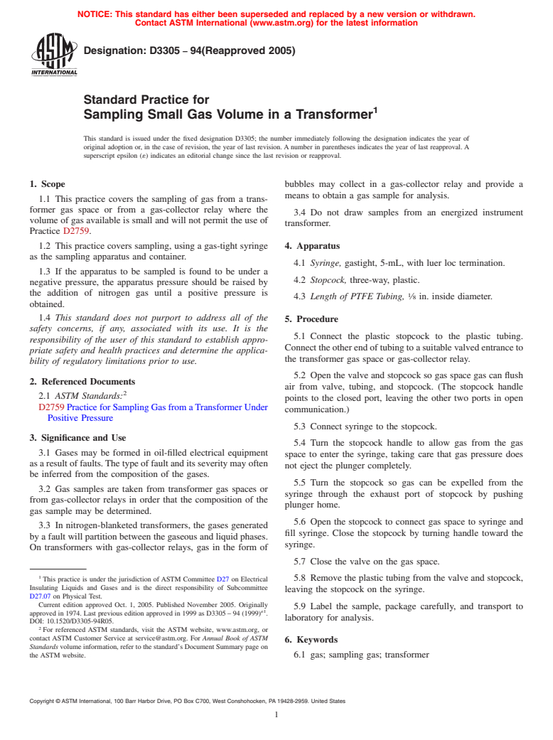 ASTM D3305-94(2005) - Standard Practice for Sampling Small Gas Volume in a Transformer (Withdrawn 2014)