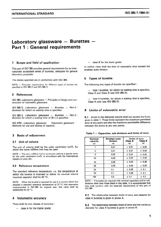 ISO 385-1:1984 - Laboratory glassware -- Burettes