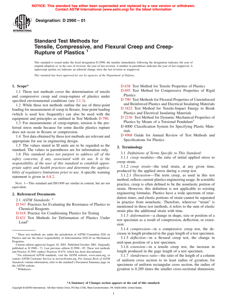 ASTM D2990-01 - Standard Test Methods for Tensile, Compressive, and Flexural Creep and Creep-Rupture of Plastics