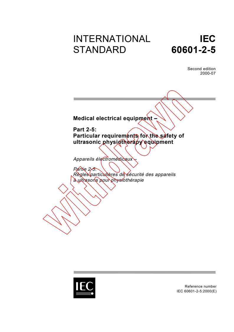 IEC 60601-2-5:2000 - Medical electrical equipment - Part 2-5: Particular requirements for the safety of ultrasonic physiotherapy equipment
Released:7/13/2000
Isbn:2831853001