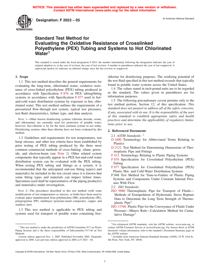 ASTM F2023-05 - Standard Test Method for Evaluating the Oxidative Resistance of Crosslinked Polyethylene (PEX) Tubing and Systems to Hot Chlorinated Water