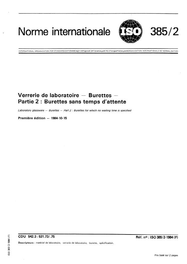 ISO 385-2:1984 - Verrerie de laboratoire -- Burettes
