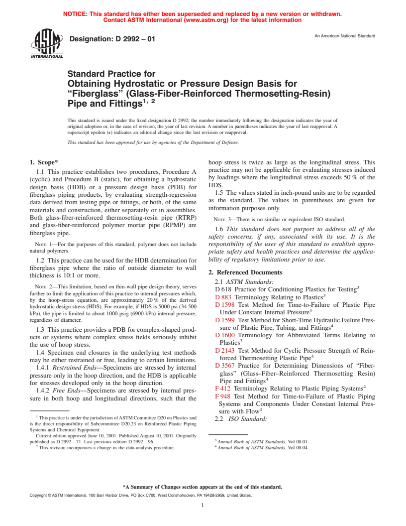 ASTM D2992-01 - Standard Practice for Obtaining Hydrostatic or Pressure Design Basis for "Fiberglass" (Glass-Fiber-Reinforced Thermosetting-Resin) Pipe and Fittings