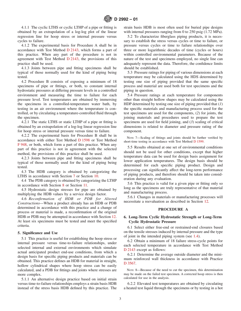 ASTM D2992-01 - Standard Practice for Obtaining Hydrostatic or Pressure Design Basis for "Fiberglass" (Glass-Fiber-Reinforced Thermosetting-Resin) Pipe and Fittings