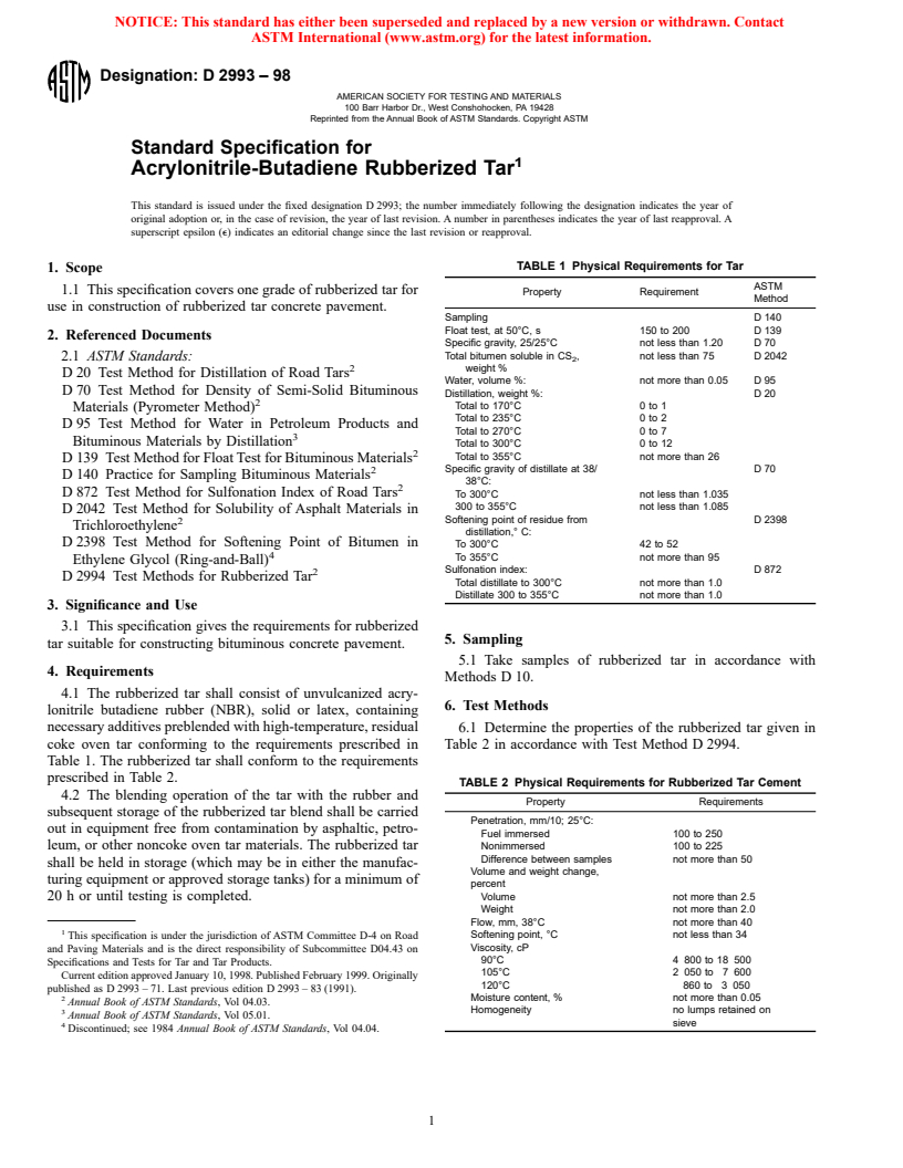 ASTM D2993-98 - Standard Specification for Acrylonitrile-Butadiene Rubberized Tar (Withdrawn 2003)