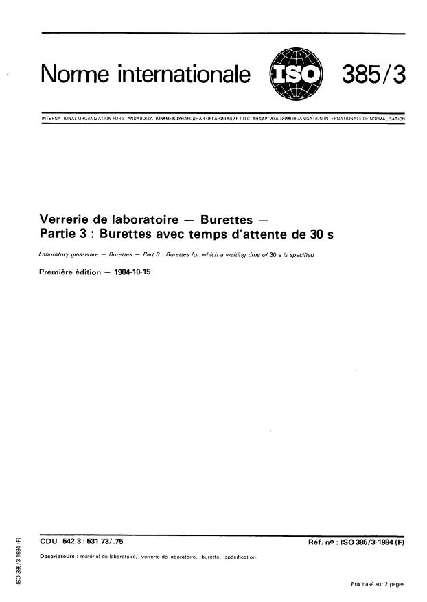 ISO 385-3:1984 - Verrerie de laboratoire -- Burettes