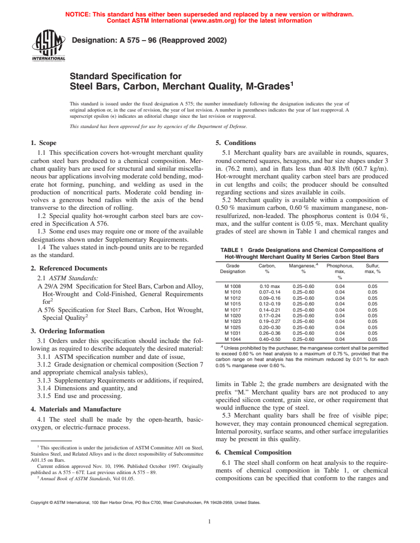 ASTM A575-96(2002) - Standard Specification for Steel Bars, Carbon, Merchant Quality, M-Grades