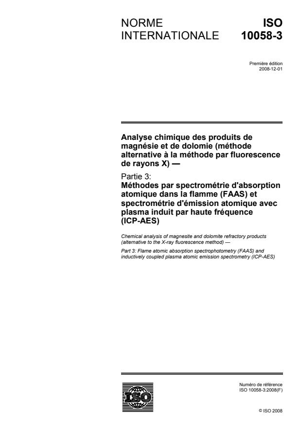 ISO 10058-3:2008 - Analyse chimique des produits de magnésie et de dolomie (méthode alternative a la méthode par fluorescence de rayons X)
