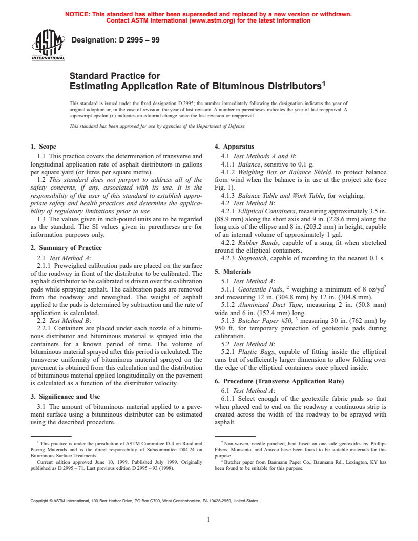 ASTM D2995-99 - Standard Practice for Determining Application Rate of Bituminous Distributors