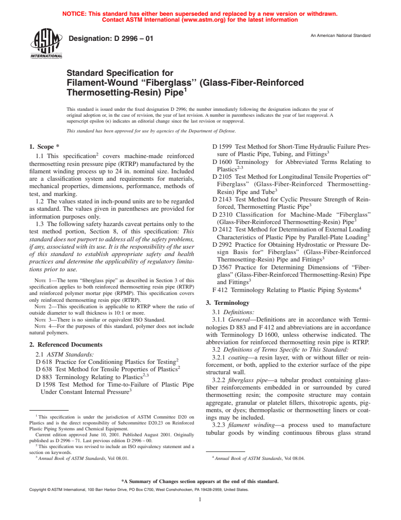 ASTM D2996-01 - Standard Specification for Filament-Wound "Fiberglass" (Glass-Fiber-Reinforced Thermosetting-Resin) Pipe