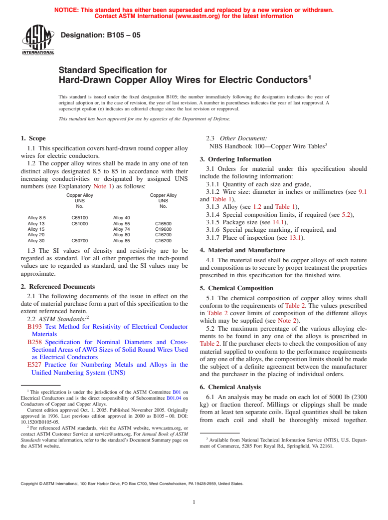 ASTM B105-05 - Standard Specification for Hard-Drawn Copper Alloy Wires for Electric Conductors