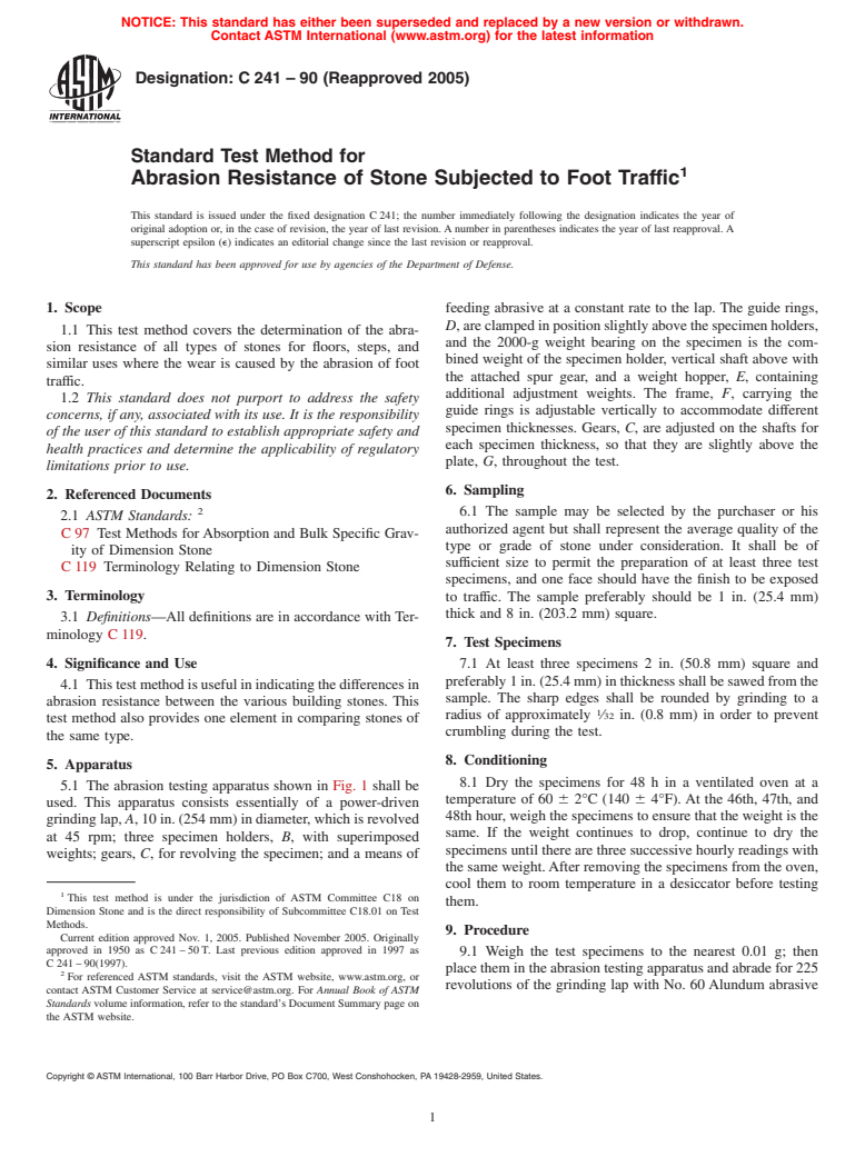 ASTM C241-90(2005) - Standard Test Method for Abrasion Resistance of Stone Subjected to Foot Traffic