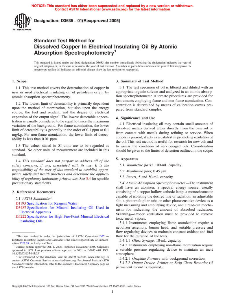 ASTM D3635-01(2005) - Standard Test Method for Dissolved Copper In Electrical Insulating Oil By Atomic Absorption Spectrophotometry