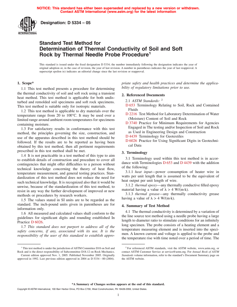 ASTM D5334-05 - Standard Test Method for Determination of Thermal Conductivity of Soil and Soft Rock by Thermal Needle Probe Procedure