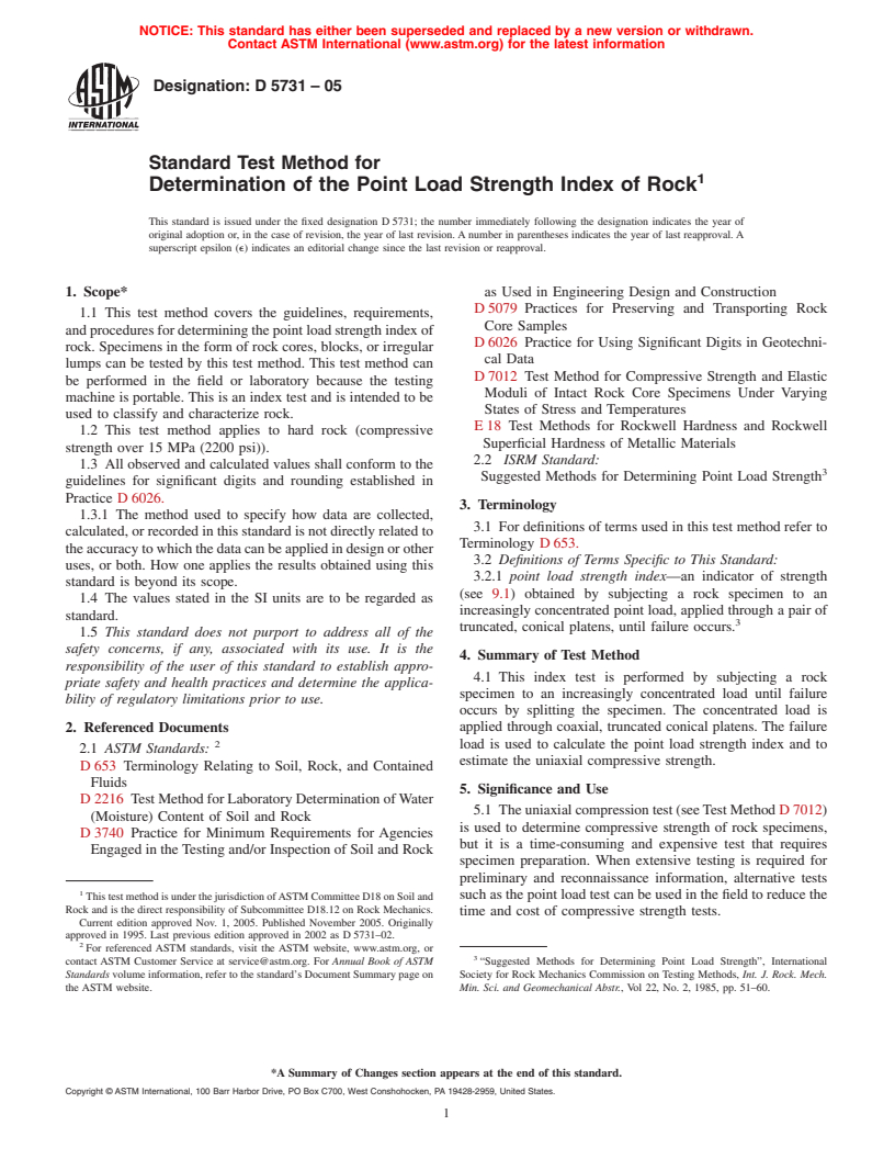 ASTM D5731-05 - Standard Test Method for Determination of the Point Load Strength Index of Rock