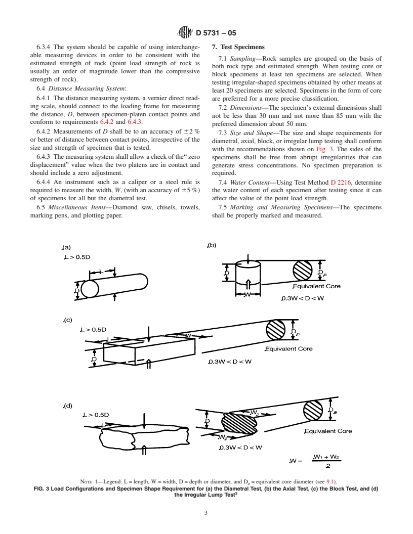 ASTM D5731-05 - Standard Test Method for Determination of the Point Load Strength Index of Rock