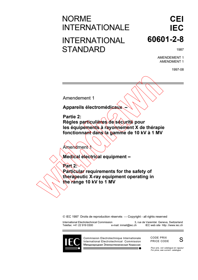 IEC 60601-2-8:1987/AMD1:1997 - Amendment 1 - Medical electrical equipment - Part 2: Particular requirements for the safety of therapeutic X-ray equipment operating in the range 10 kV to 1 MV
Released:8/26/1997
Isbn:283183953X