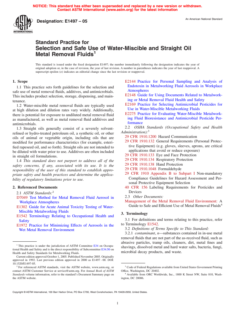 ASTM E1497-05 - Standard Practice For Safe Use Of Water-Miscible Metal ...