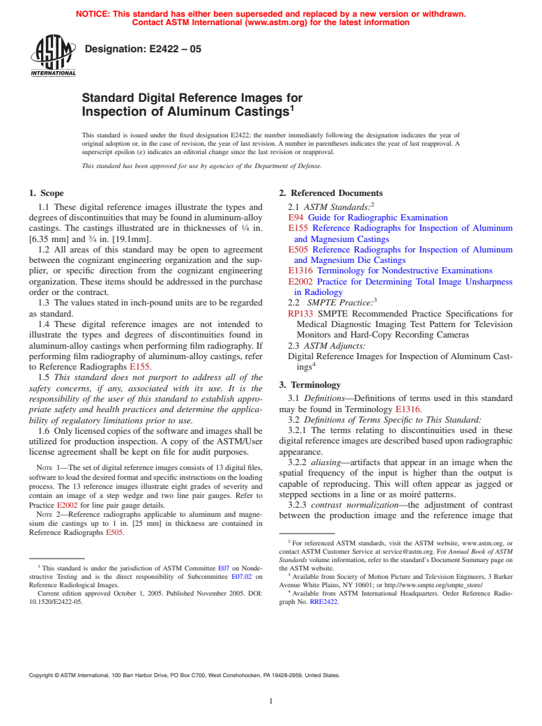 ASTM E2422-05 - Standard Digital Reference Images for Inspection of Aluminum Castings