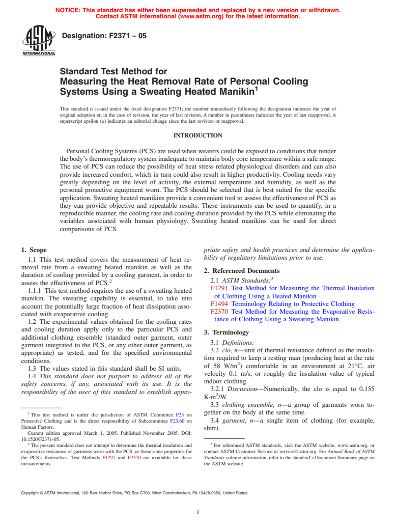 ASTM F2371-05 - Standard Test Method for Measuring the Heat Removal Rate of Personal Cooling Systems Using a Sweating Heated Manikin