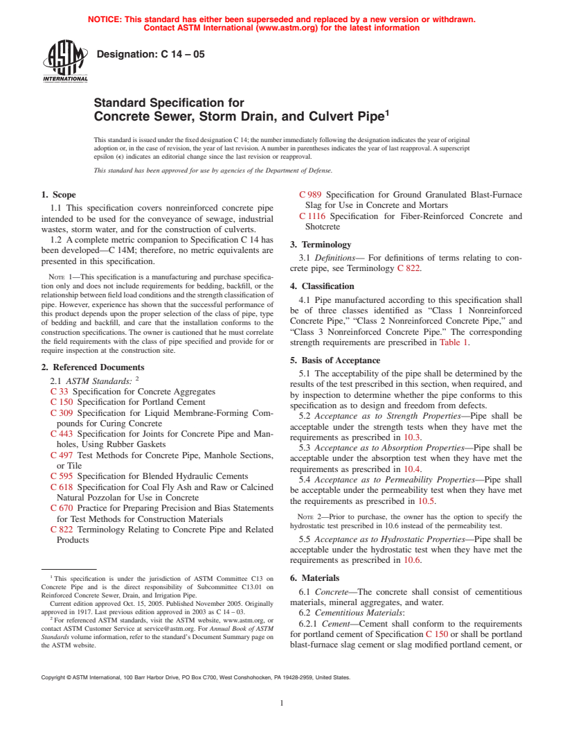 ASTM C14-05 - Standard Specification for Concrete Sewer, Storm Drain, and Culvert Pipe