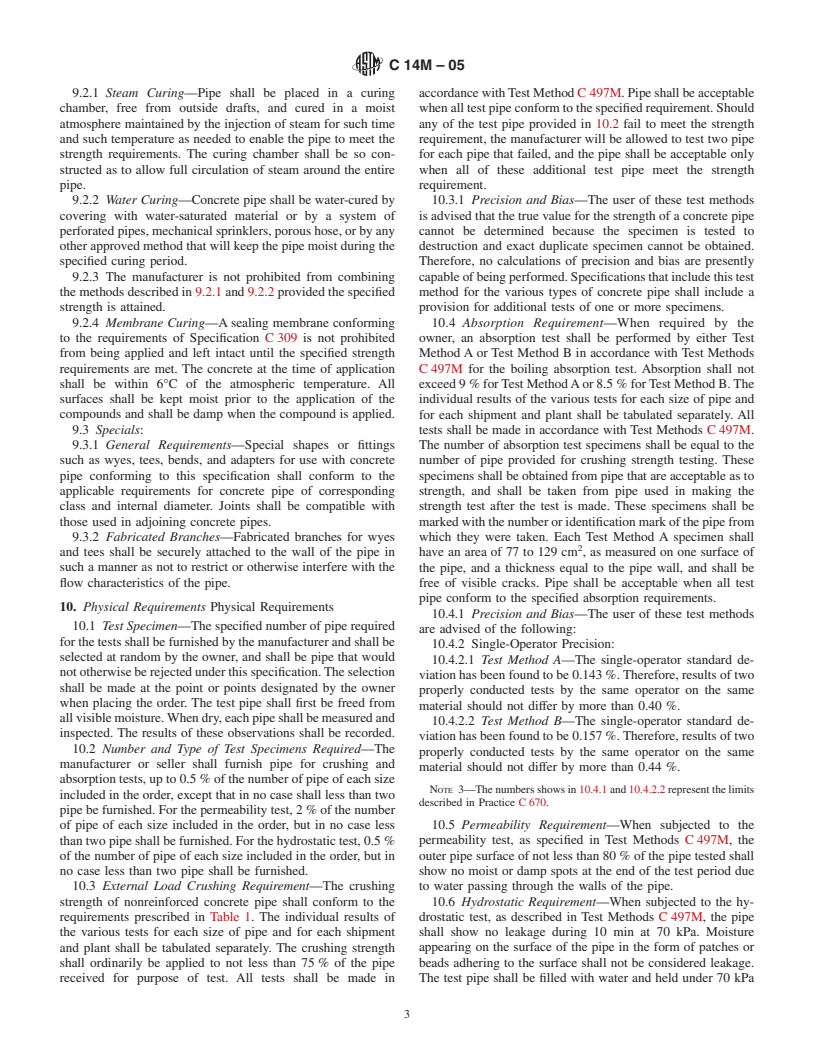 ASTM C14M-05 - Standard Specification for Concrete Sewer, Storm Drain, and Culvert Pipe (Metric)