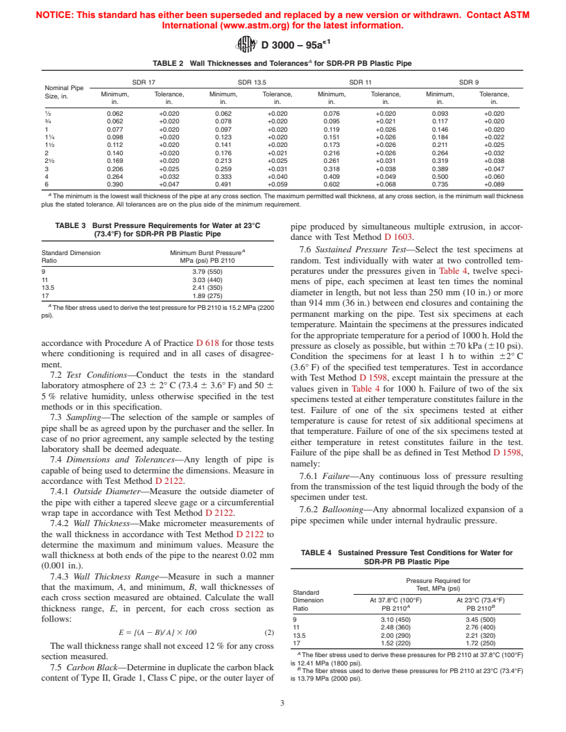 ASTM D3000-95ae1 - Standard Specification for Polybutylene (PB) Plastic Pipe (SDR-PR) Based on Outside Diameter (Withdrawn 2003)