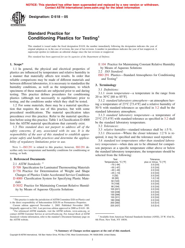 ASTM D618-05 - Standard Practice for Conditioning Plastics for Testing