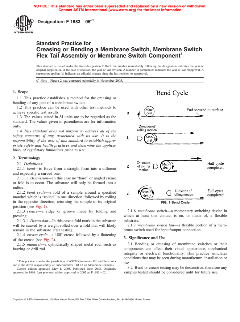 ASTM F1683-05e1 - Standard Practice for Creasing or Bending a Membrane Switch, Membrane Switch Flex Tail Assembly or Membrane Switch Component