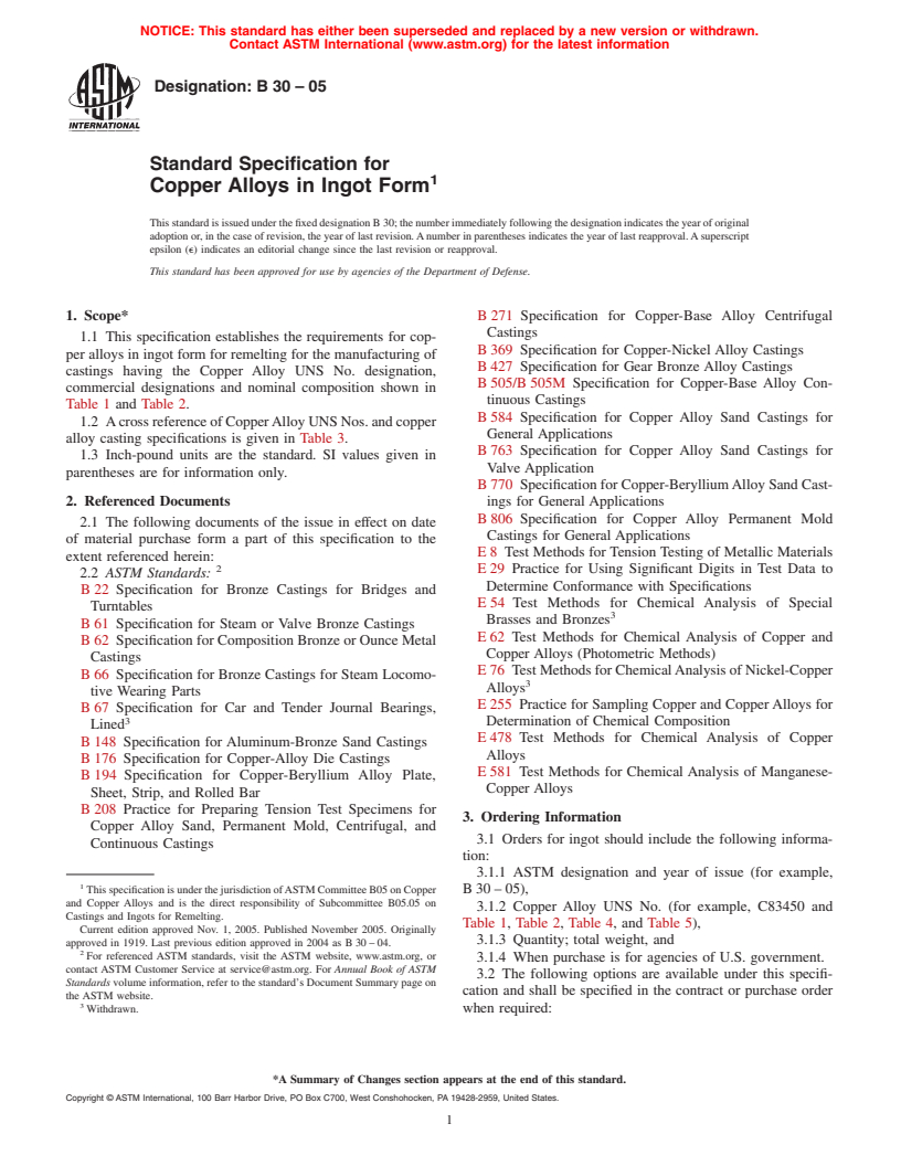 ASTM B30-05 - Standard Specification for Copper Alloys in Ingot Form